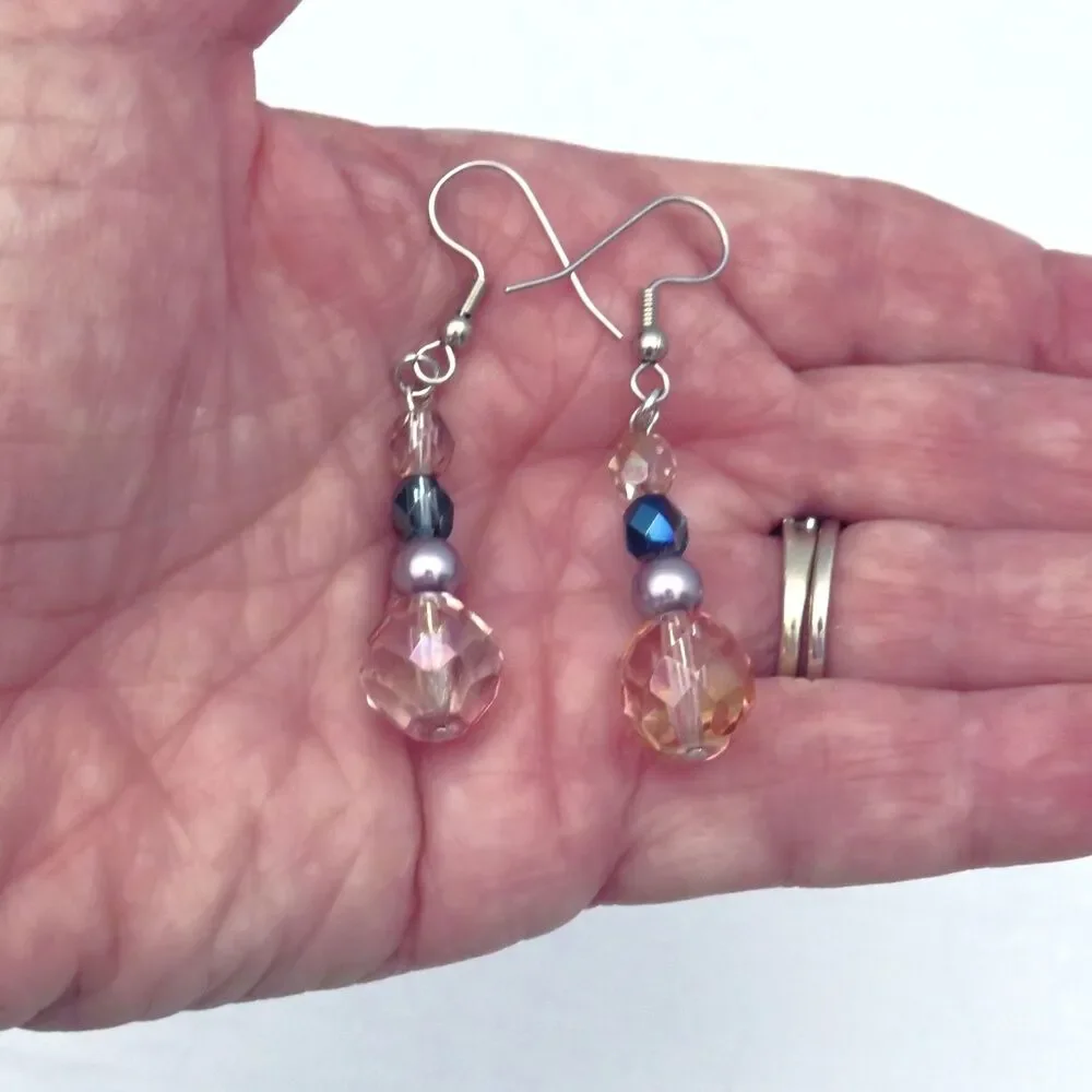 Dangle Earrings for Women, Crystal and Pearl Blue & Pink Handmade Drop Earrings